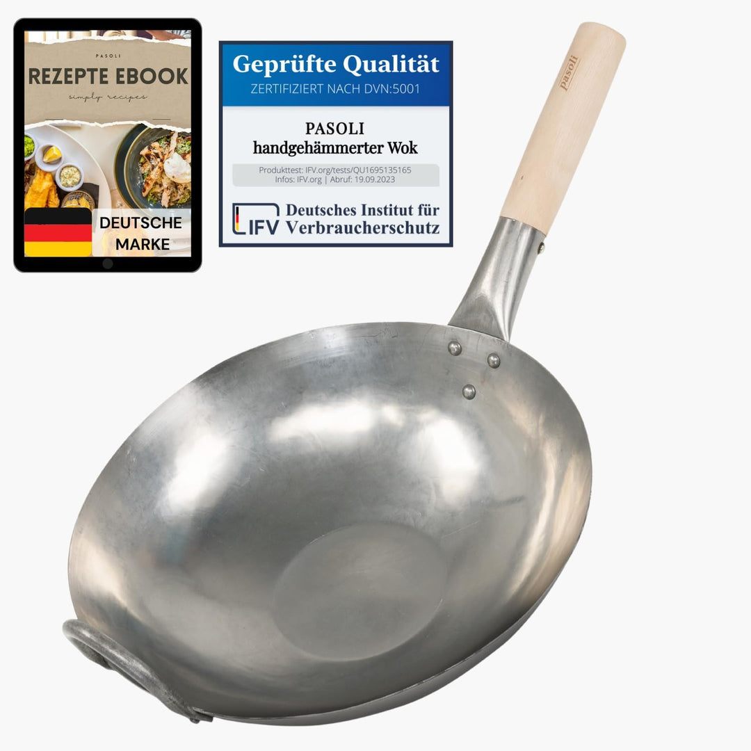 pasoli handgehämmerter Wok inkl. gratis Rezepte eBook - traditionelle Asiapfanne - Bratwok aus Carbo