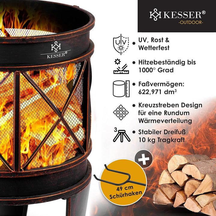 KESSER® Feuerschale Inkl. Abdeckung Feuerkorb mit Funkenschutz & Griffen + Schürhaken Feuerstelle 58