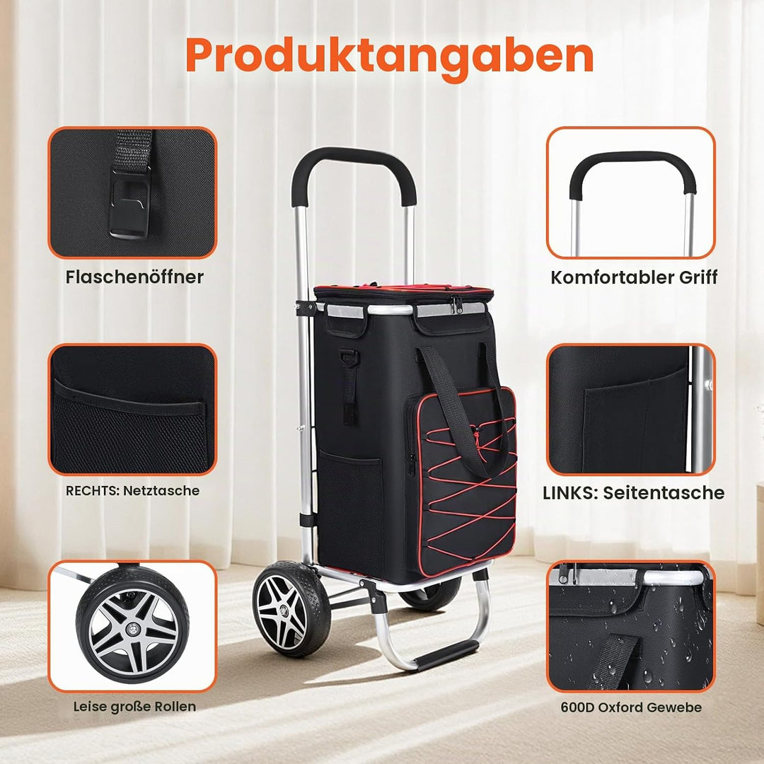 YEAUPE PRO 3in1 Einkaufstrolley mit Kühlfach, 45L Einkaufsroller mit Abnehmbarer Tasche, Max. 25kg B