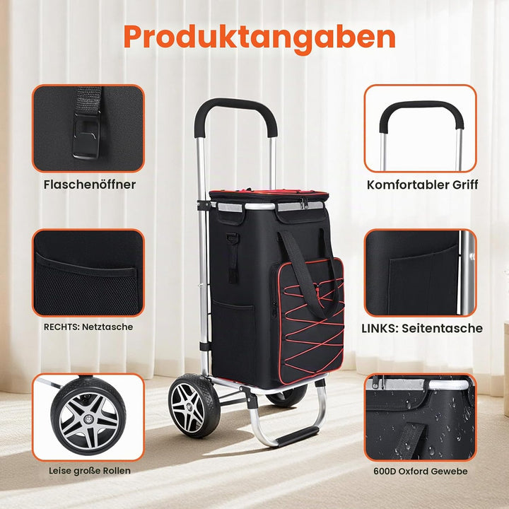 YEAUPE PRO 3in1 Einkaufstrolley mit Kühlfach, 45L Einkaufsroller mit Abnehmbarer Tasche, Max. 25kg B