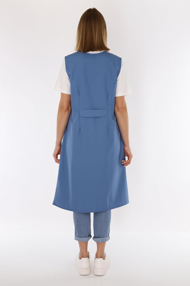 Damenkittel ohne Arm Kochschürze Kittel Schürze Knopfkittel einfarbig Hauskleid 40 Blau, 40 Blau