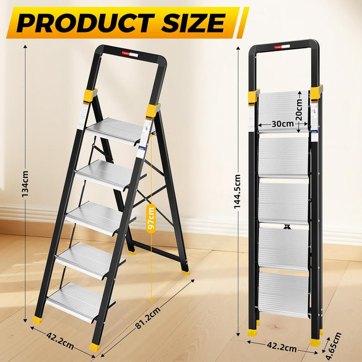 KINGRACK Trittleiter 5 Stufen Klappbar Aluminium, Klappleiter mit Handlauf, Haushaltsleiter Anti-Rut