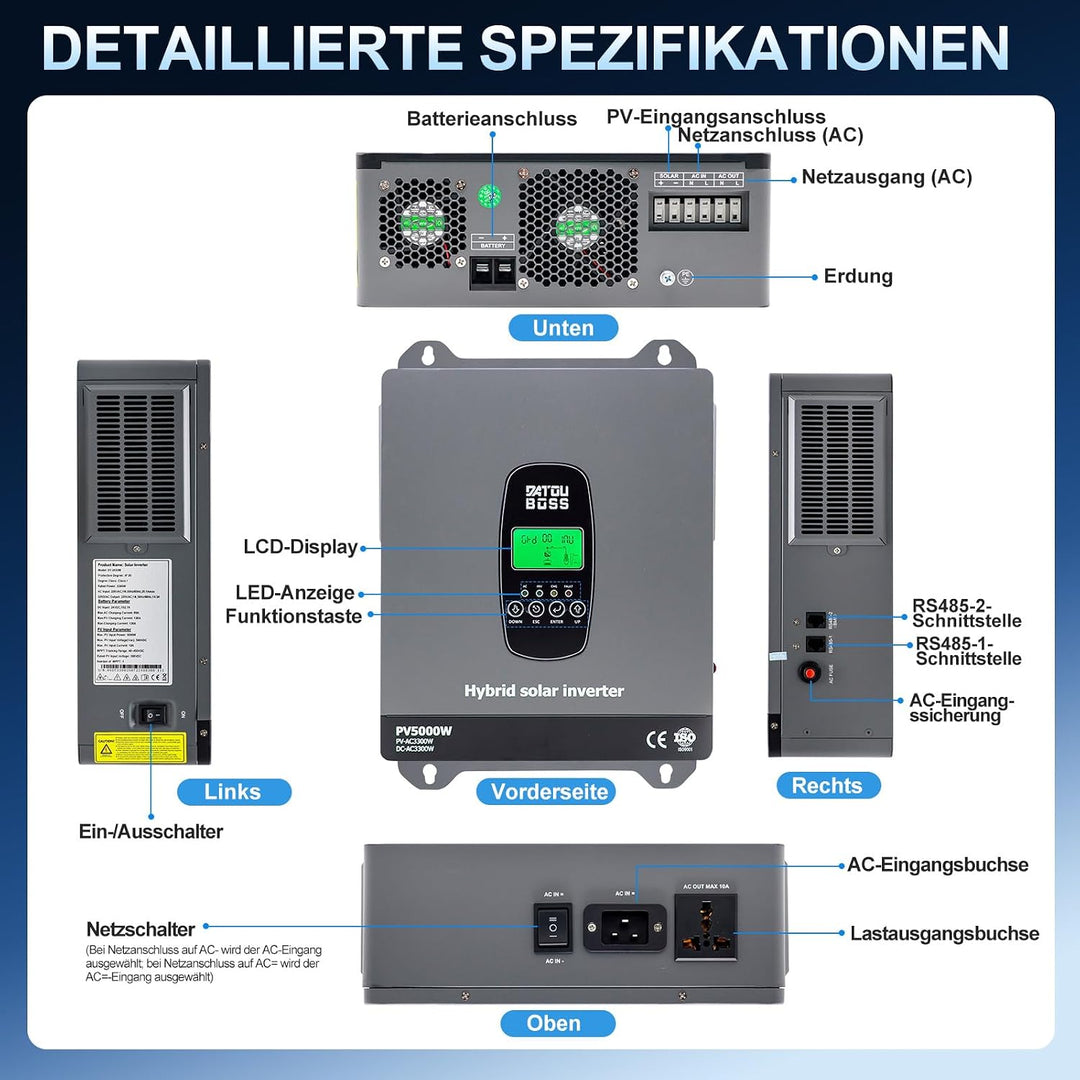 DATOUBOSS 3300W Hybrid Solar Wechselrichter 24V Reiner Sinus, DC 24V auf 220V/230V AC mit MPPT Solar