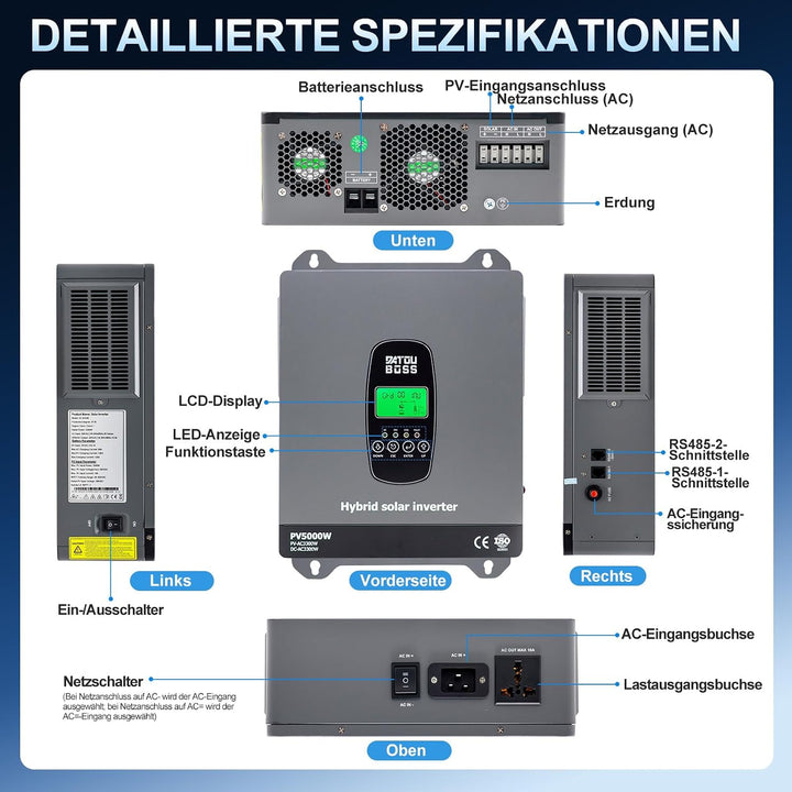 DATOUBOSS 3300W Hybrid Solar Wechselrichter 24V Reiner Sinus, DC 24V auf 220V/230V AC mit MPPT Solar