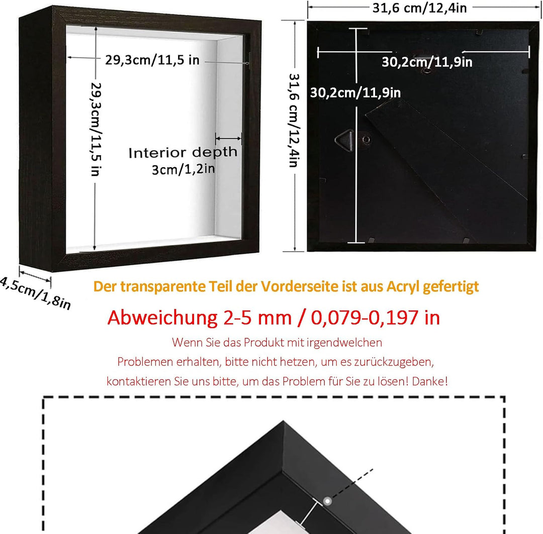 Bilderrahmen zum Befüllen, 3D Fotorahmen 30 x 30 cm, Tiefer Rahmen für Wand & Desktop, 3D Objektrahm