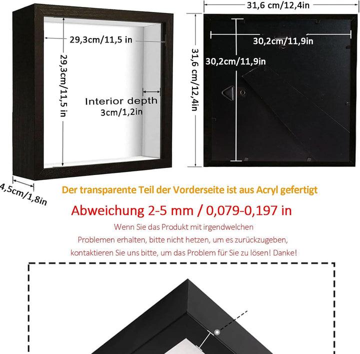 Bilderrahmen zum Befüllen, 3D Fotorahmen 30 x 30 cm, Tiefer Rahmen für Wand & Desktop, 3D Objektrahm