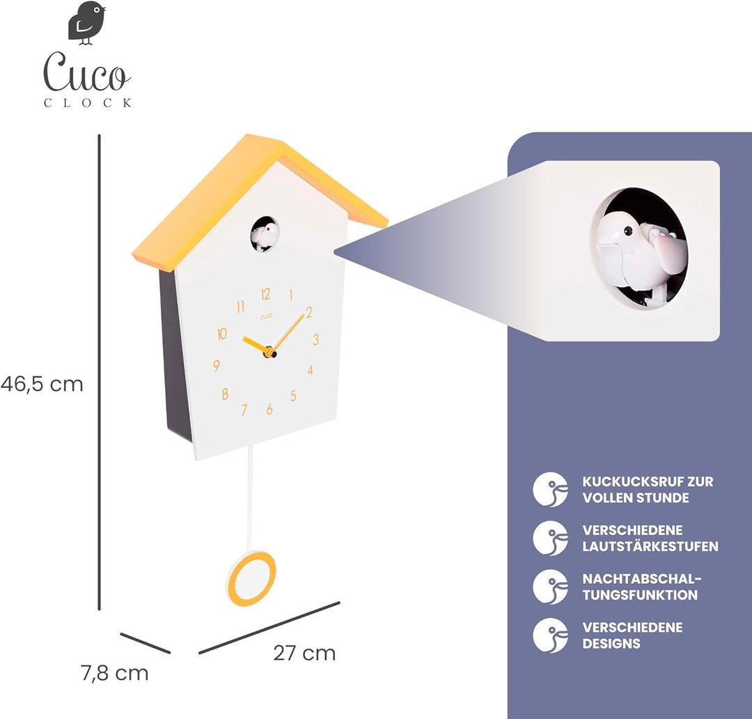 Cuco Clock Kuckucksuhr Landhaus mit Pende 46.5 × 27 × 7.8cm Weiss/ Orange, 46.5 × 27 × 7.8cm Weiss/