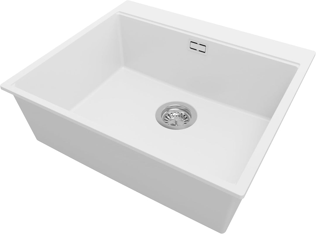 PRIMAGRAN Granitspüle Weiss 58x50cm, Granitspüle 1 Becken + Ablauf-Set, Küchenspüle ab 60er Untersch