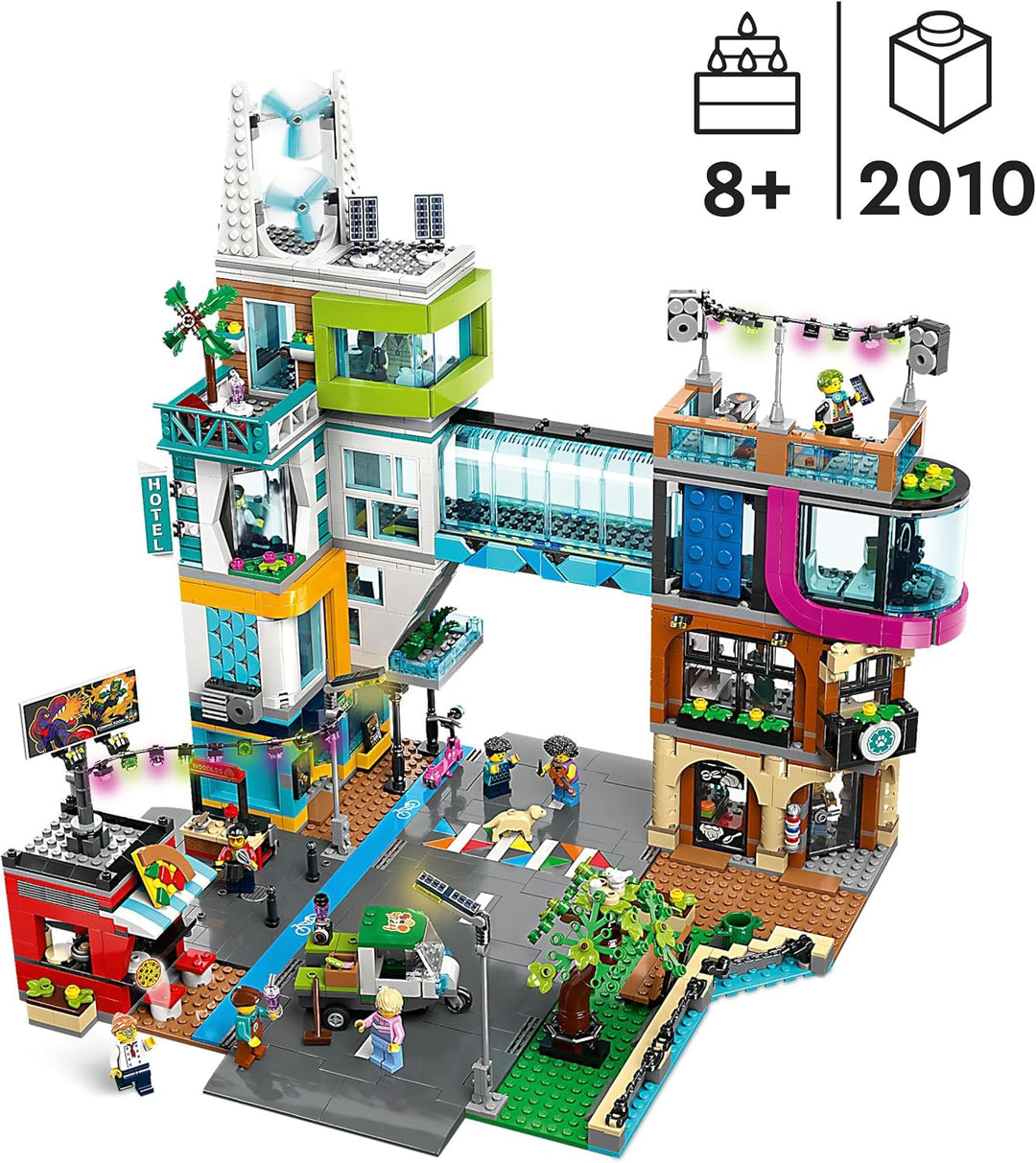LEGO 60380 City Stadtzentrum Set, Modellbausatz, Spielzeug mit Spielzeugläden wie Friseur, Tierarzt,
