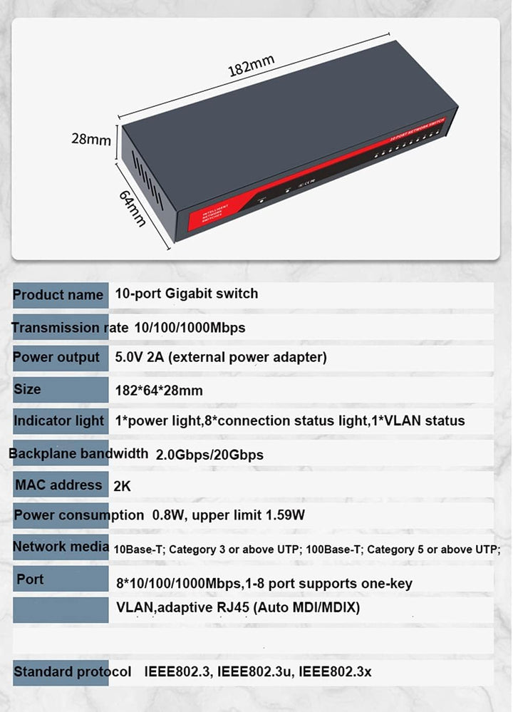 KuWFi 10-Ports Gigabit Netzwerk Switch, LAN Switch RJ45 Port Fast Ethernet Switch, LAN Splitter, LAN
