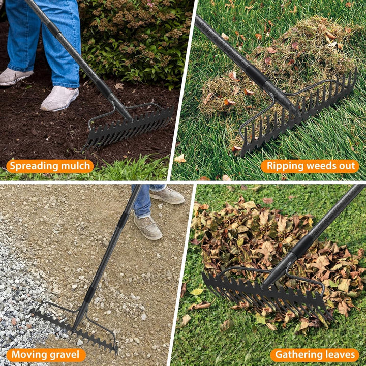 Gartenrechen 190 cm - Robuste Metall Gartenharke mit Stiel und 17 Zinken für Rasen, Laub & Boden | R