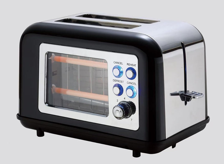 Toaster aus Edelstahl, 2 breite Schlitze, 800 W in 7 Stufen, 2 Brotscheiben, Glassteuerungsfenster,