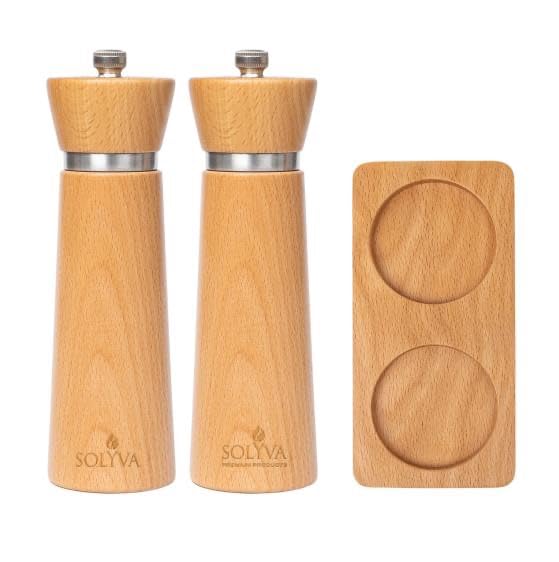 SOLYVA Gewürzmühlen-Set | Salz &amp; Pfeffermühlen Set aus Buchenholz | Hochwertige Pfeffer und Salzmühl