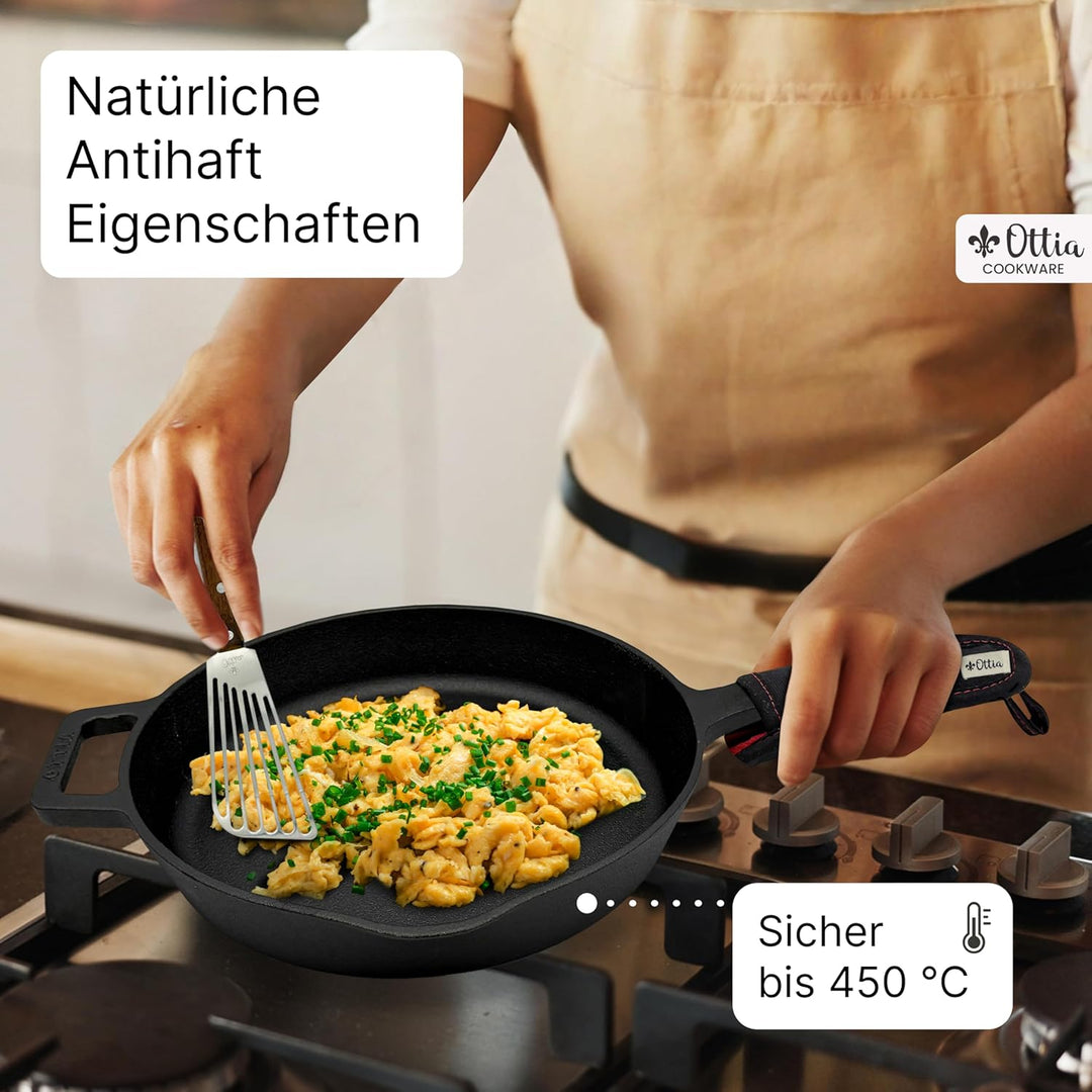 Ottia reine Gusseisenpfanne Induktion 28cm (ungeschliffen), mit eKochbuch, Pfannenwender, waschbarem