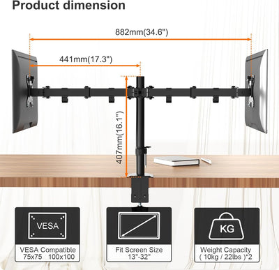 PUTORSEN Monitor Halterung 2 Monitore, für 13-32 Zoll Flach & Curved Bildschirm, Höhenverstellbar bi