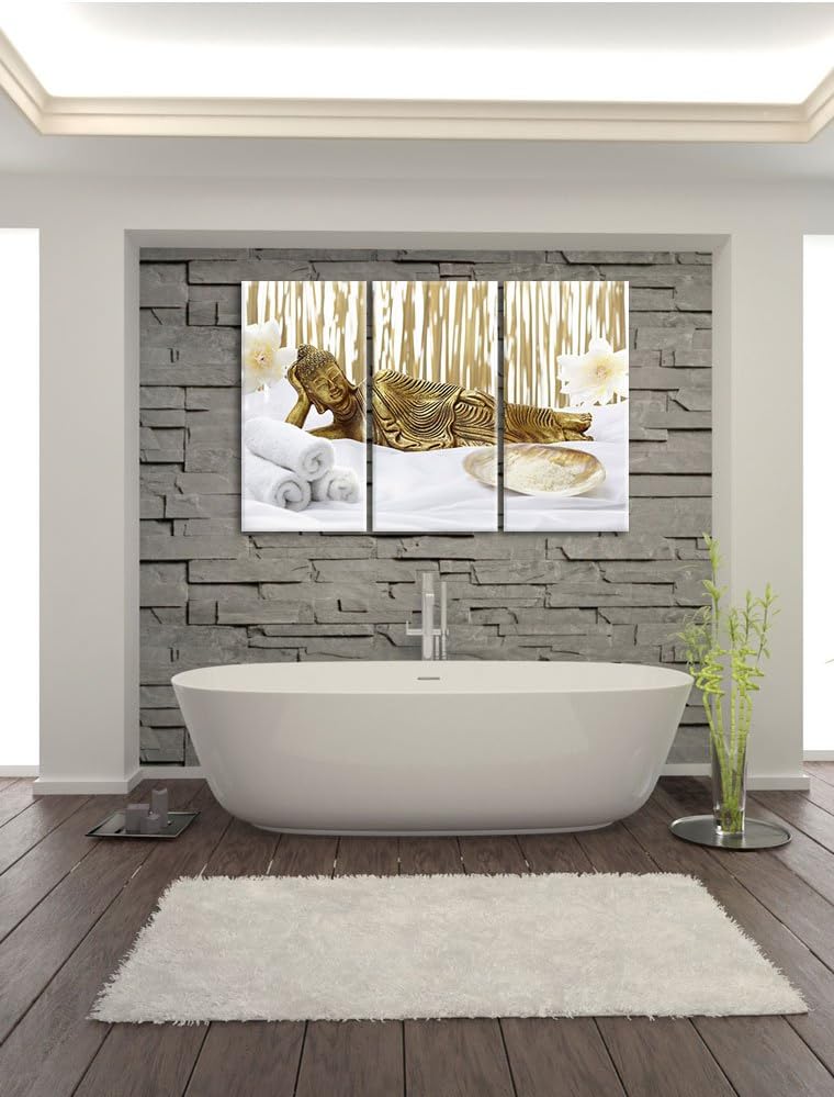 Pixxprint Goldener Buddha auf Handtuch als Leinwandbild/Grösse: 3 Teilig (120x80) / Wandbild/Kunstdr