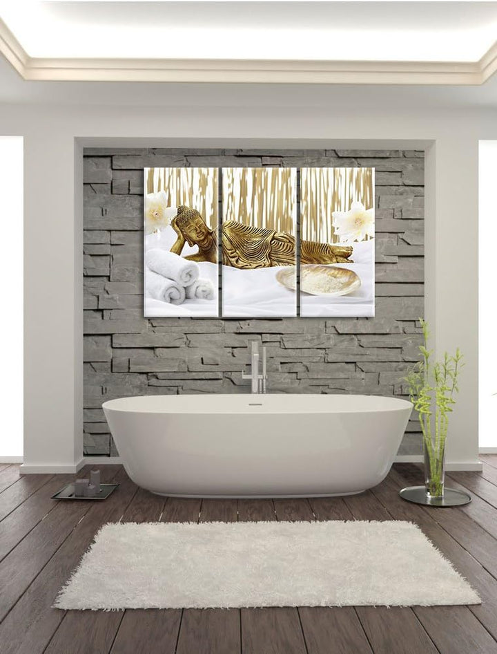 Pixxprint Goldener Buddha auf Handtuch als Leinwandbild/Grösse: 3 Teilig (120x80) / Wandbild/Kunstdr
