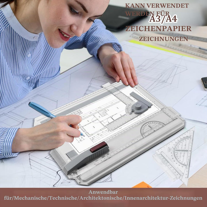 Zeichenplatte A4 Zeichenbretter Set Zeichenbrett A4 tellbar mit Schiebelineal Zeichendreieck Paralle