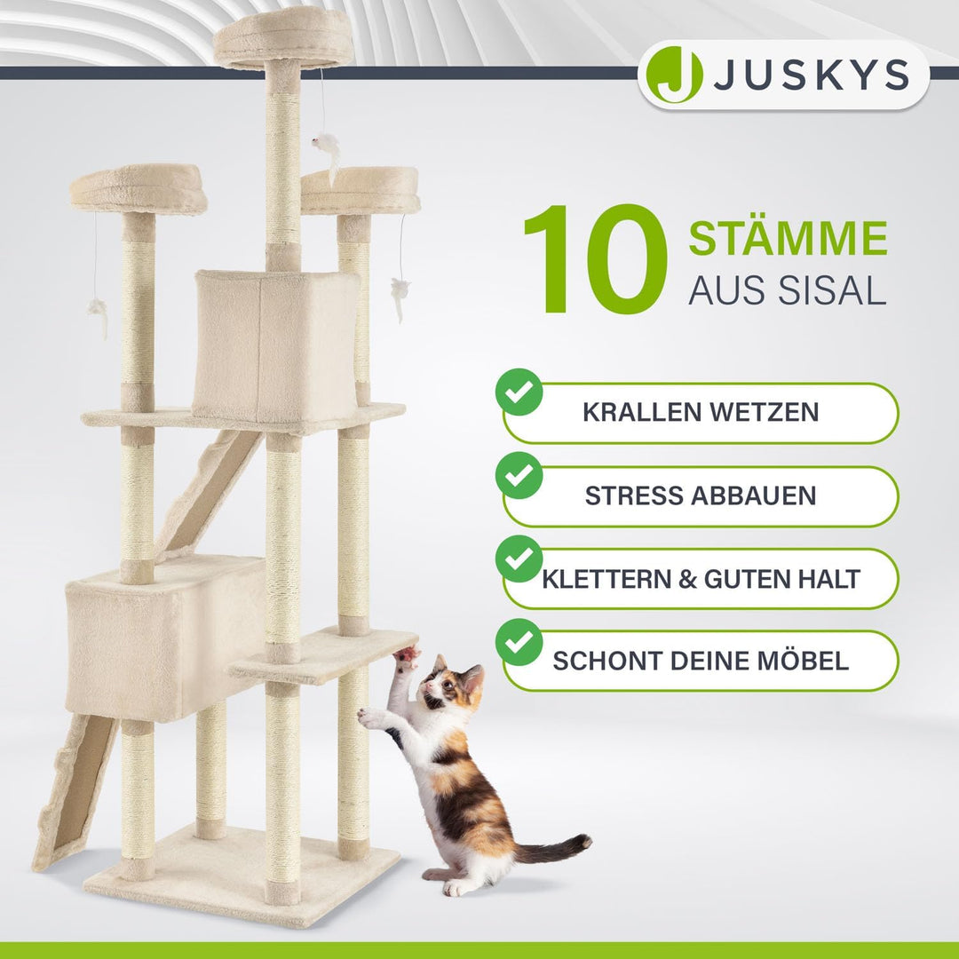 Juskys XXL Kratzbaum Amy beige — Katzenbaum mit Höhlen, Liegeflächen, Leitern & Sisal-Stämmen — Stab