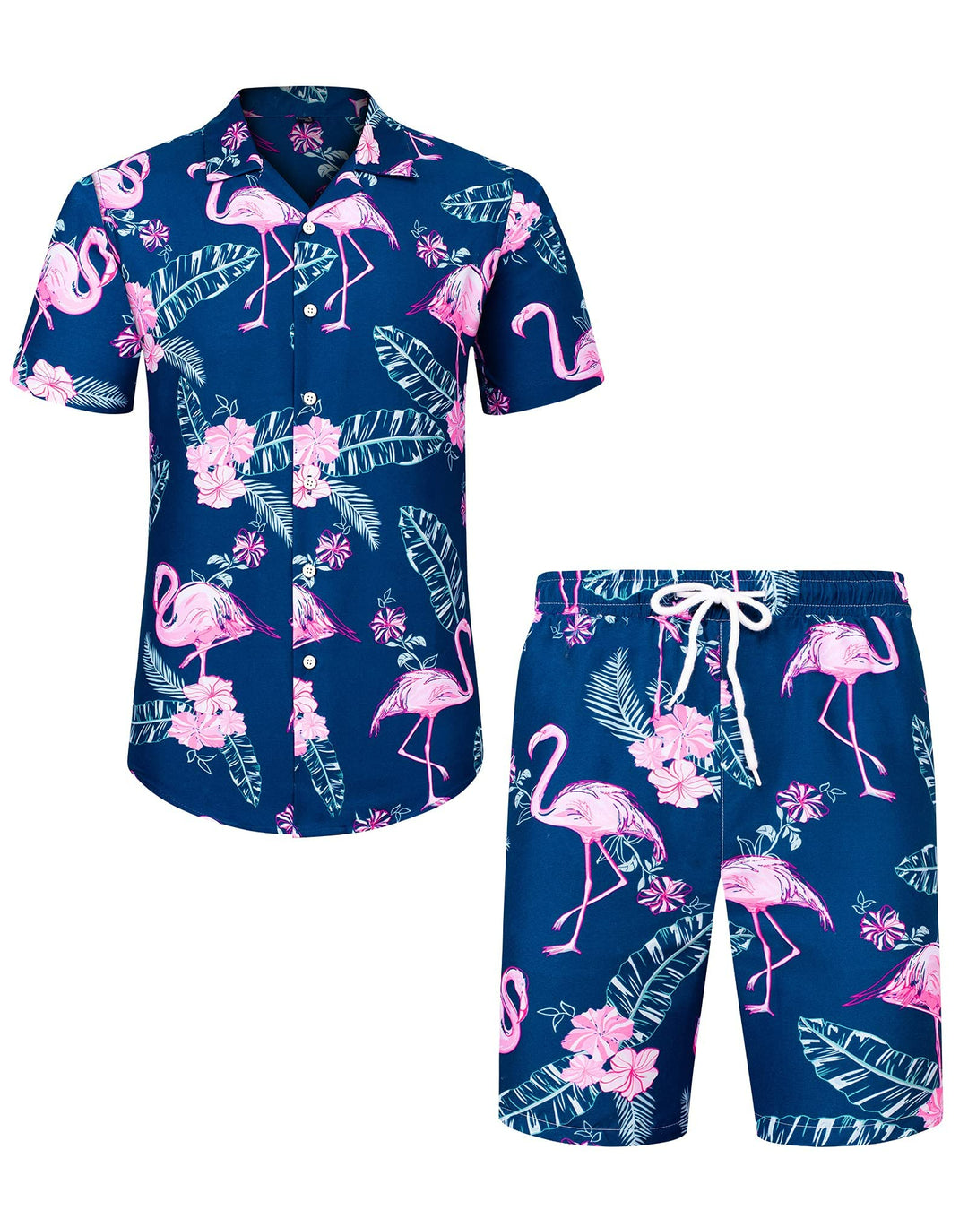Herren Hawaiihemd Kurzarm Party Hemd Casual Flamingo Floral Strandhemd Bügelfrei Button Down Kurzarm