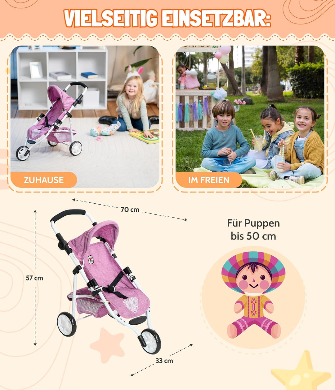 Bayer Chic 2000 - Puppenbuggy Lola, Jogging-Buggy, Puppenjogger, Puppenwagen, Jeans pink, 612-62, Je