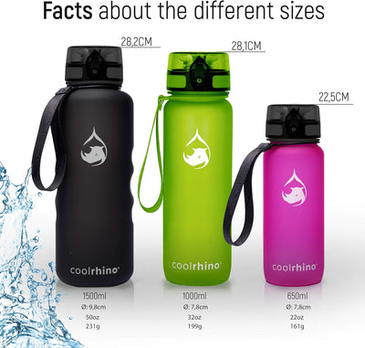 coolrhino Trinkflasche 350ml I 650ml I 1L I 1,5L für Sport, Outdoor, Schule, Fitness & Kinder - Wass