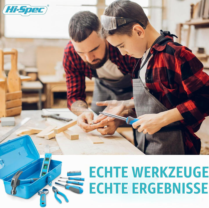 Hi-Spec Werkzeug-set für Anfänger in Blauer Metallbox. Komplettes echtes Handwerkzeug für Heimwerker