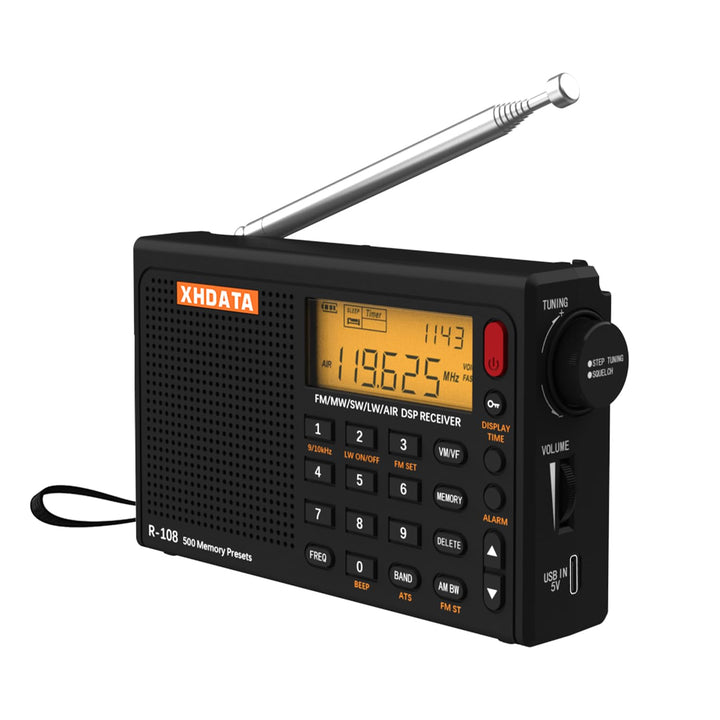XHDATA R-108 Kleines Tragbare Radios Wiederaufladbares Batterieradio UKW FM AM SW Airband Radio welt