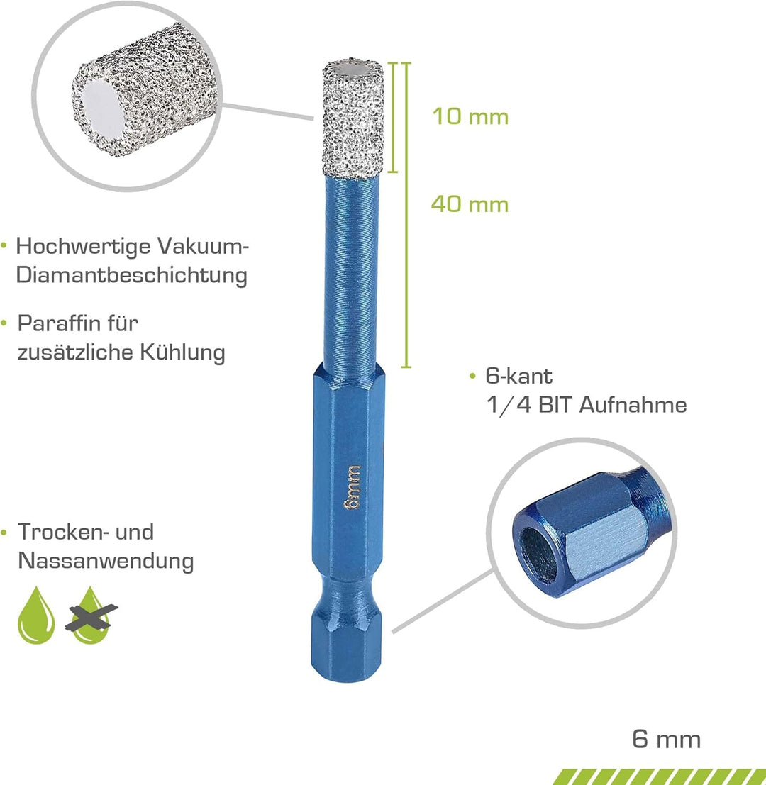 Profi Fliesenbohrer 6mm BIT Adapter - Diamantbohrer für Feinsteinzeug, harte Fliesen uvm. Diamantboh