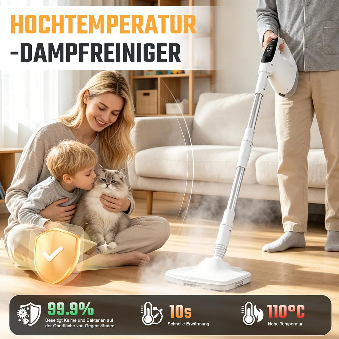 Dampfreiniger 12-in-1 mit abnehmbarem Teleskopstiel – 500ml Handdampfreiniger für Boden, Fliesen, Fe