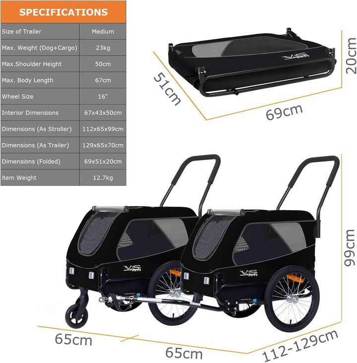 Tiggo VS Medium Hundeanhänger & Buggy 2in1 Fahrradanhänger Hundebuggy Jogger für Hunden bis 23kg Sch