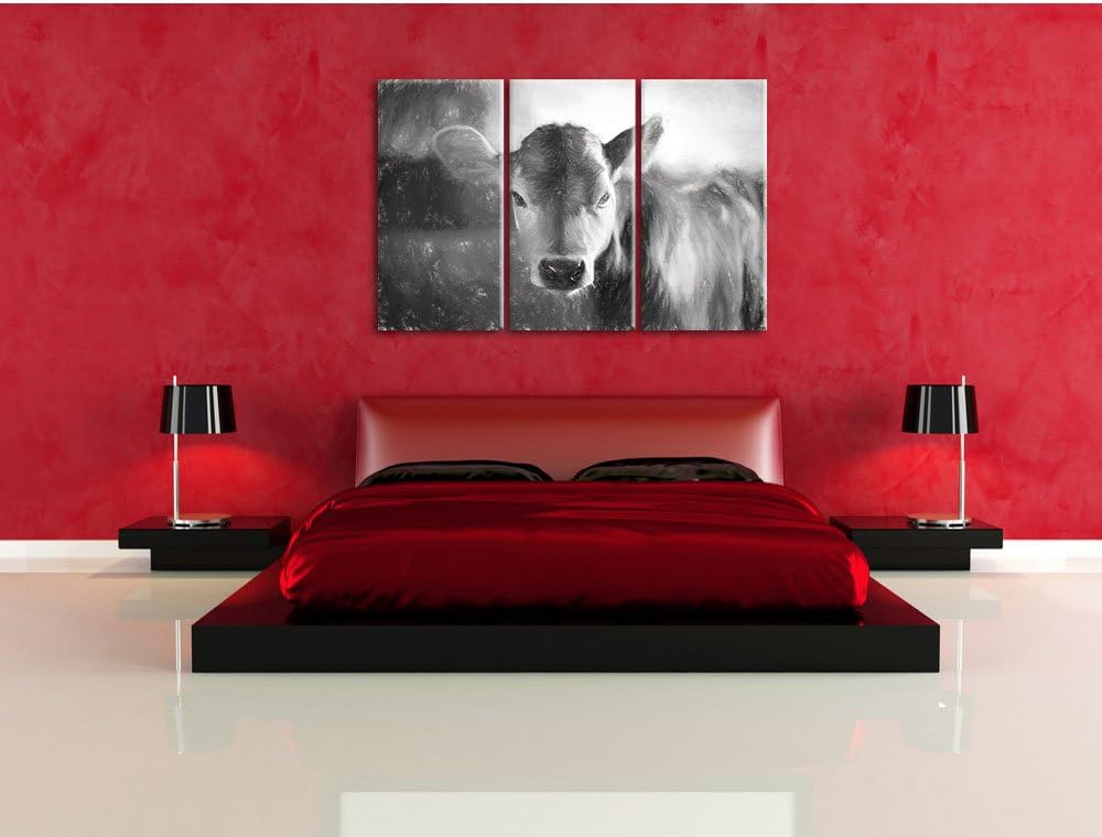 Pixxprint Junge Kuh Kälbchen Kunst Kohle Effekt 3-Teiler Leinwandbild 120x80 Bild auf Leinwand