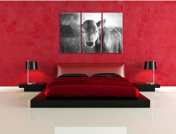 Pixxprint Junge Kuh Kälbchen Kunst Kohle Effekt 3-Teiler Leinwandbild 120x80 Bild auf Leinwand