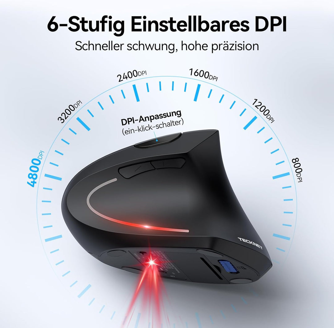 TECKNET Ergonomische Maus, Kabellose Bluetooth Vertikale Maus(BT 5.0+BT 3.0+2.4G), 6 Einstellstufen