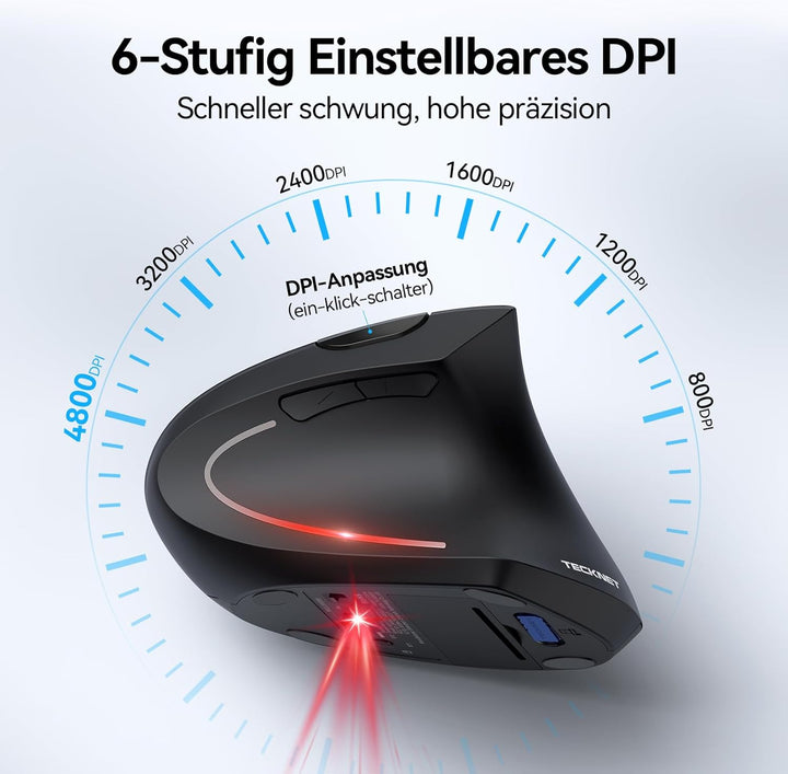 TECKNET Ergonomische Maus, Kabellose Bluetooth Vertikale Maus(BT 5.0+BT 3.0+2.4G), 6 Einstellstufen