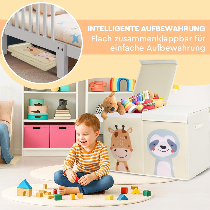 Faltbare Beige Spielzeugkiste mit Deckel und 78 Liter Inhalt. Verbesserte Version. Aufbewahrungsbox