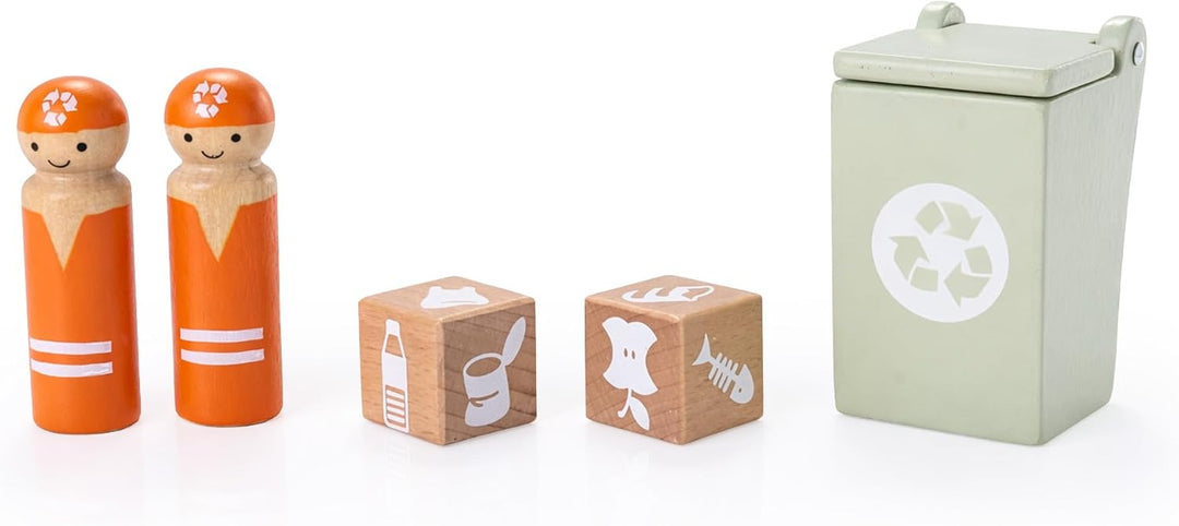 mamabrum Holz-Müllwagen mit Zubehör, Lernspielzeug für Kinder ab 3 Jahren, MDF, Natur und Grün, 2 Ho