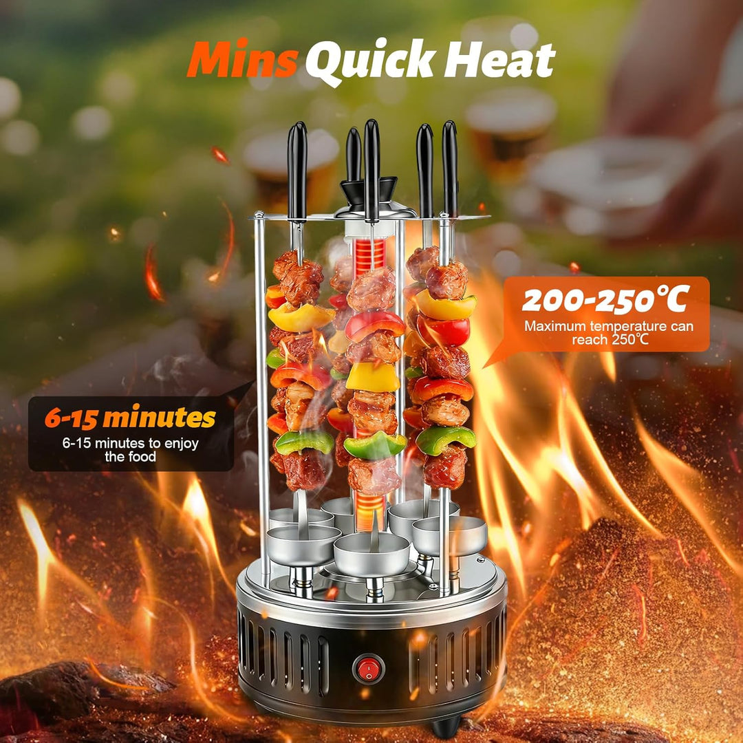 Elektrischer BBQ Tischgrill Vertikalgrill aus Edelstahl, Schaschlikgrill mit 12 Spiessen und 2 Glasr