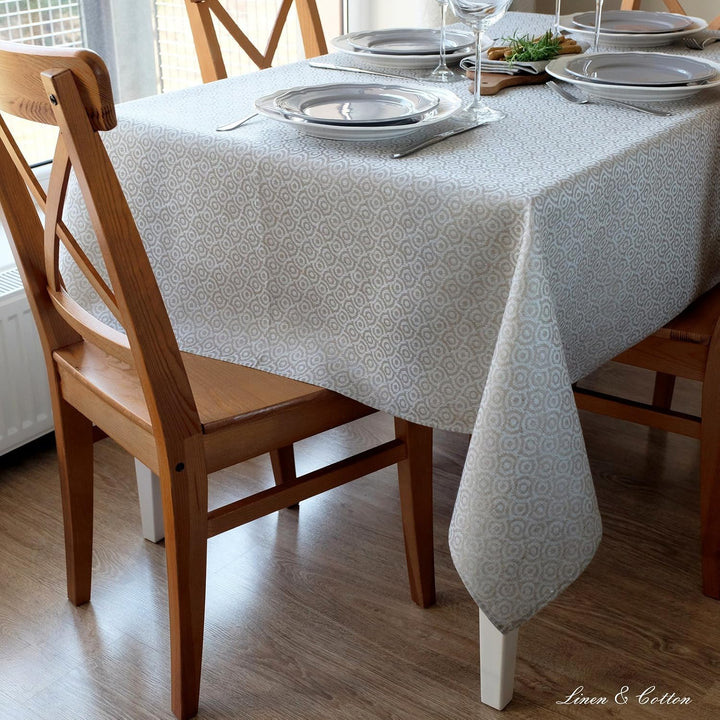 Linen &amp; Cotton Jacquard Damast Tischdecke Stoff Cervo - 100% Leinen, Hellblau Blau Beige (147 x 147
