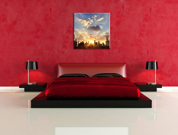 Pixxprint Chicago Skyline im Sonnenaufgang, Format: 70x70 auf Leinwand, 70x70