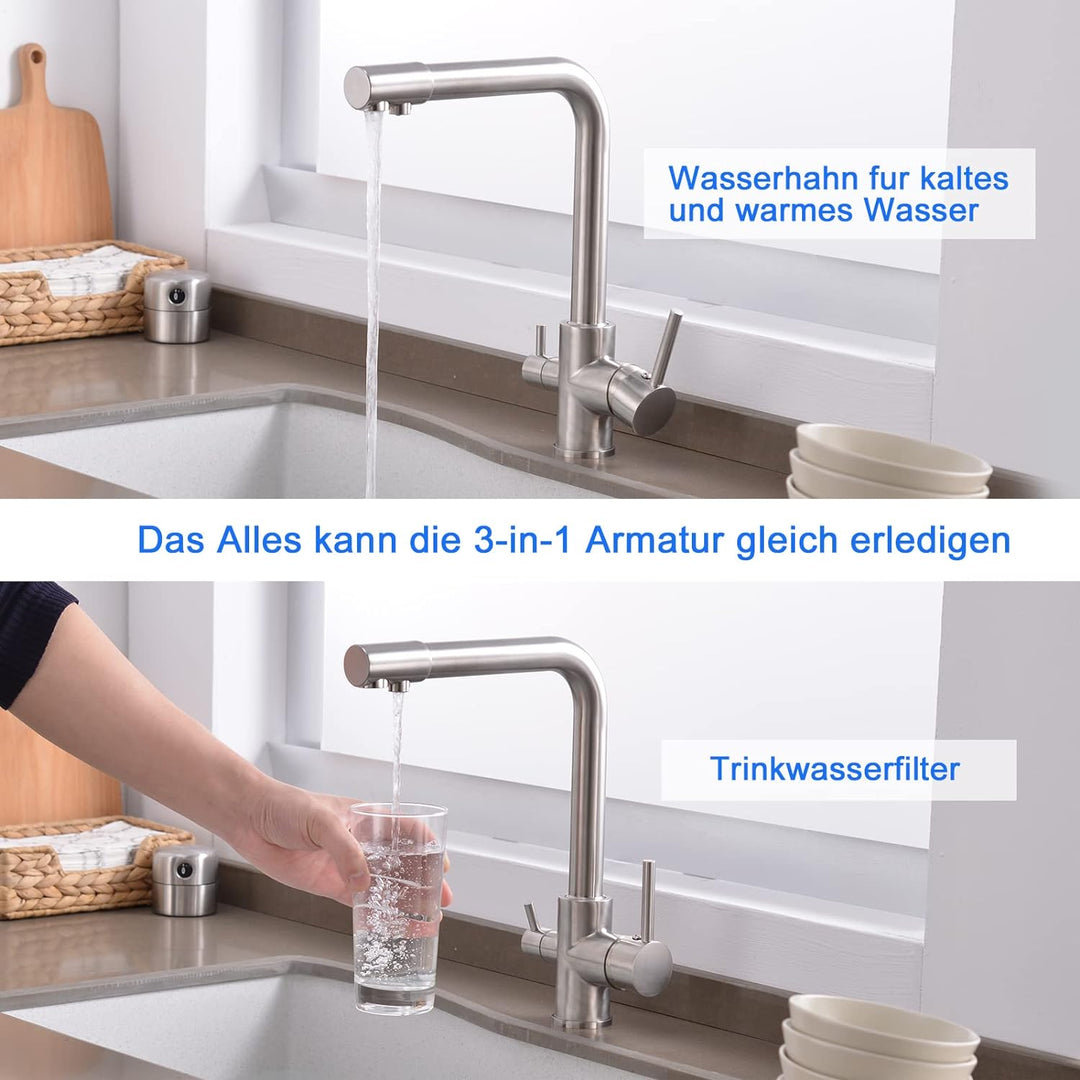 KEOKBON 3 Wege Wasserhahn Küche, Trinkwasserhahn Küchenarmatur, 360° Schwenkbar Wasserhähne, Spültis