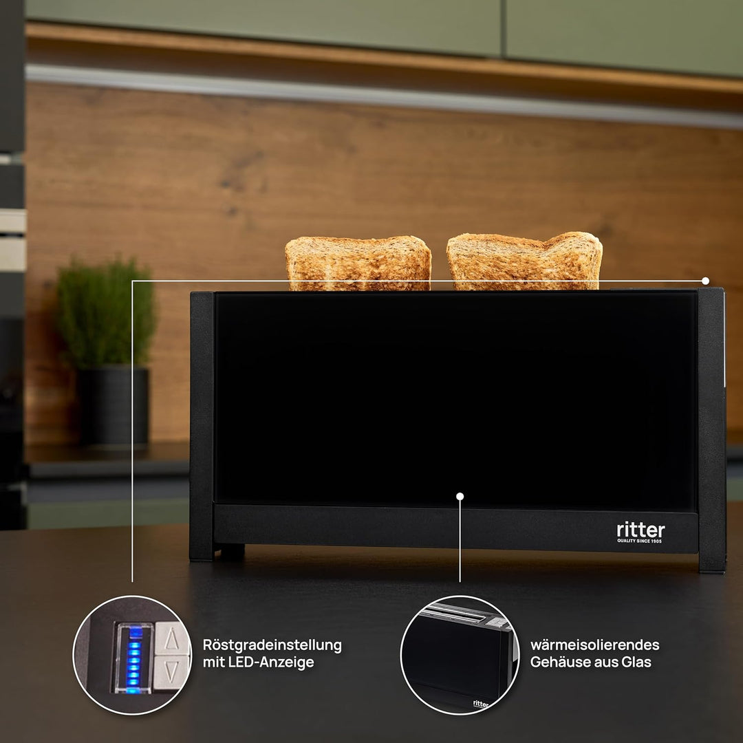 ritter volcano 5 Langschlitz-Toaster mit Brötchenaufsatz, extra schmal, Made in Germany, Schwarz Sch