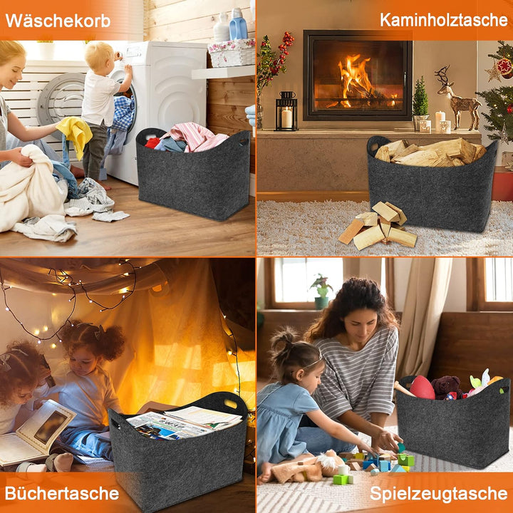 HENGMEI Filztaschen für kaminholz 2 Stück Kaminholztasche Faltbar Filzkorb Kaminholzkorb Einkaufstas