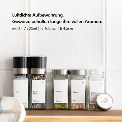 KIVY Gewürzgläser mit Streueinsatz [24x 120ml] + 240 Wasserfeste Label - Gewürzgläser eckig - Gewürz