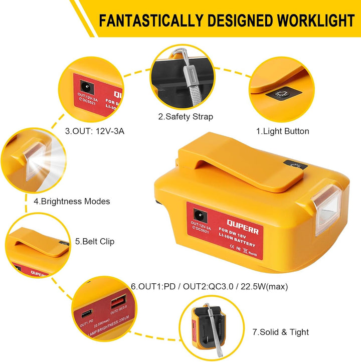 USB Akku Adapter für Dewalt 18V Akku, LED Arbeitslicht Konverter mit Dual-USB-Ladeanschlüssen & DC-P