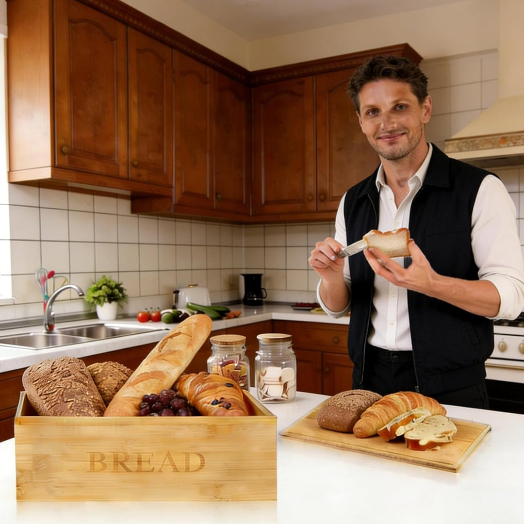 BAIFULAI Bambus Brotkasten: 33 x 19 x 13.5 cm Brotbox mit Leinenbeutel und mit Holzdeckel als Schnei