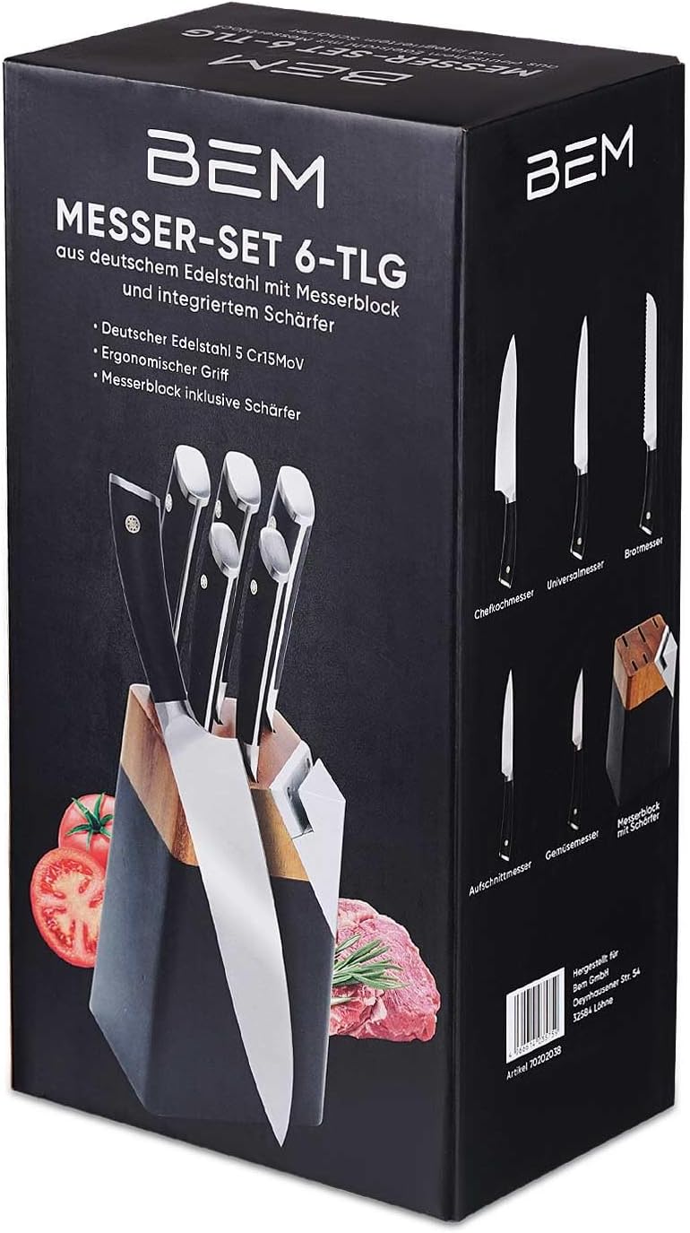BEM 6-tlg. Küchenmesser Set aus Edelstahl Messerset mit Messerblock inkl. Chefkochmesser, Aufschnitt