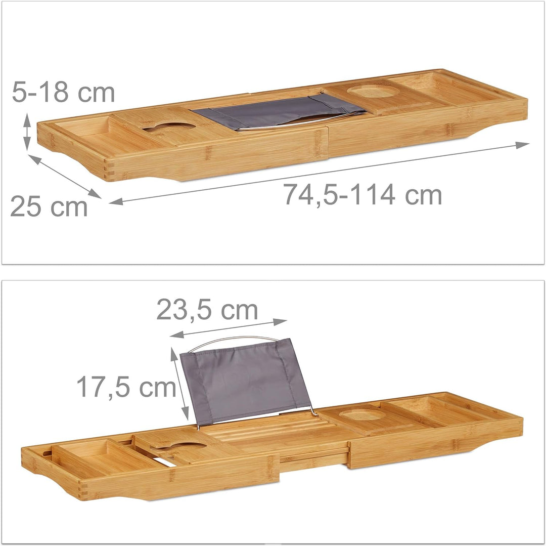 Relaxdays Bambus Badewannenablage & Tablett 2in1, Buchstütze, Weinhalter, Wannenablage, 74,5-114 cm
