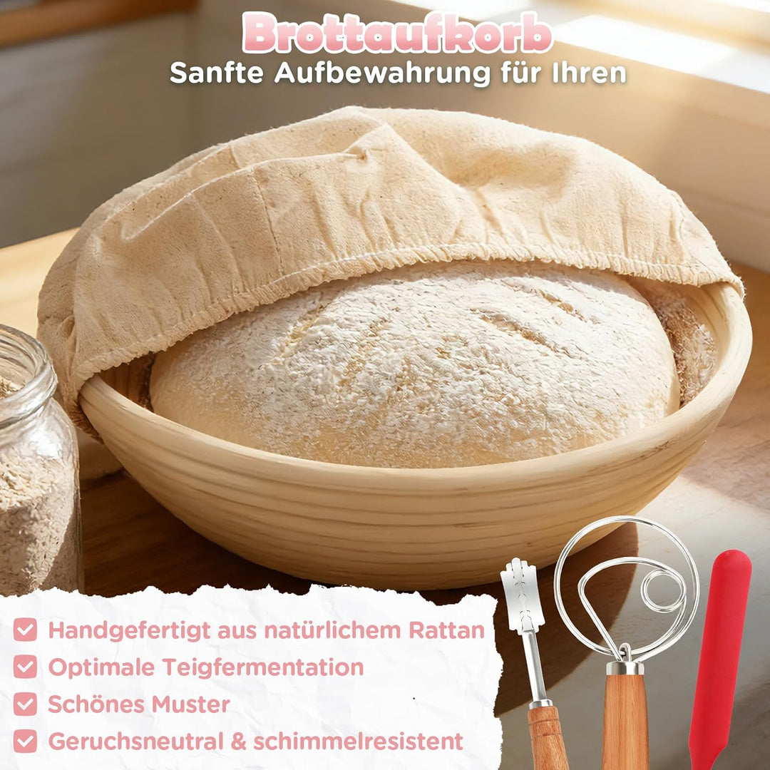 NZQXJXZ 26cm Gusseisen Topf Brot Backen 4,7L, Emaille Brotbackform mit Deckel &amp; Garkorb Komplettset,