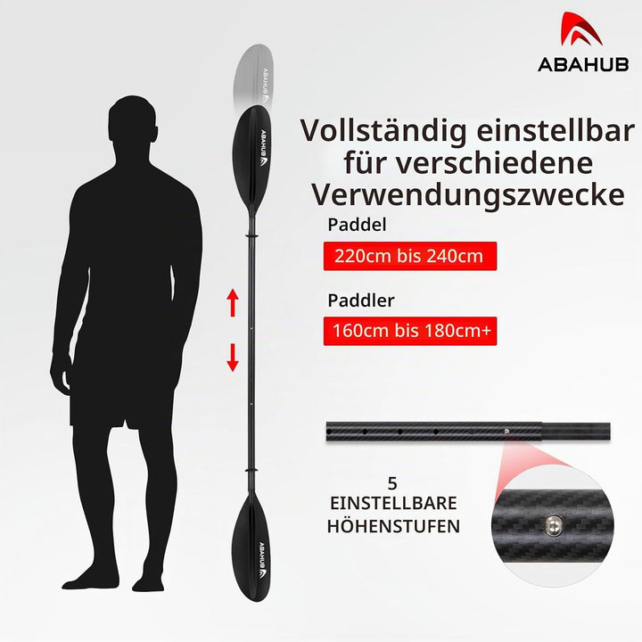 Abahub Carbon Kajak Paddel 230cm/220-240cm verstellbar, mit Paddelleine | Für Kajakfahren, Ruderboot